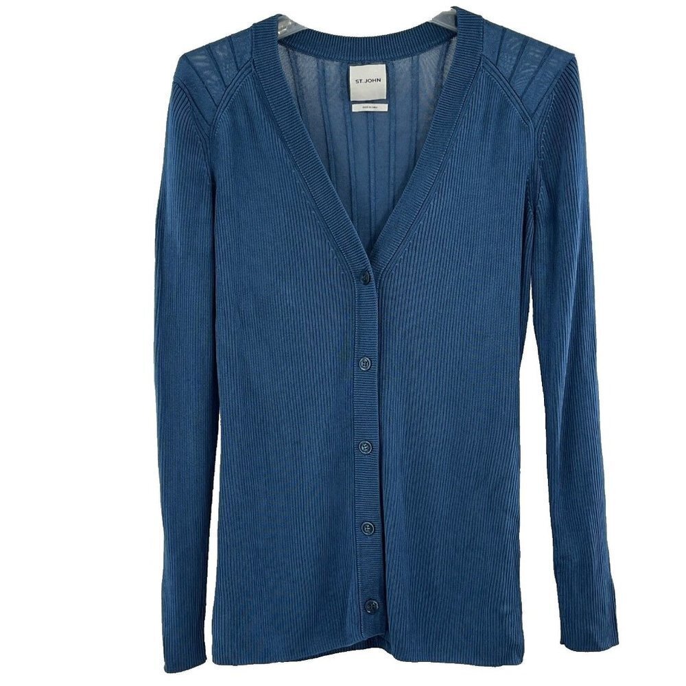 St. John Knit Women's Cardigan Blue Large V Neck Long Sleeve